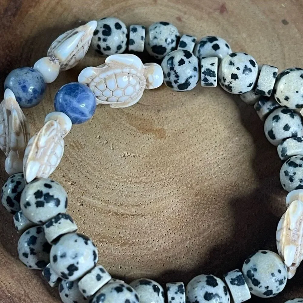 Sea turtle blue dot stone Dalmatian jasper stretch bracelet crystal beaded